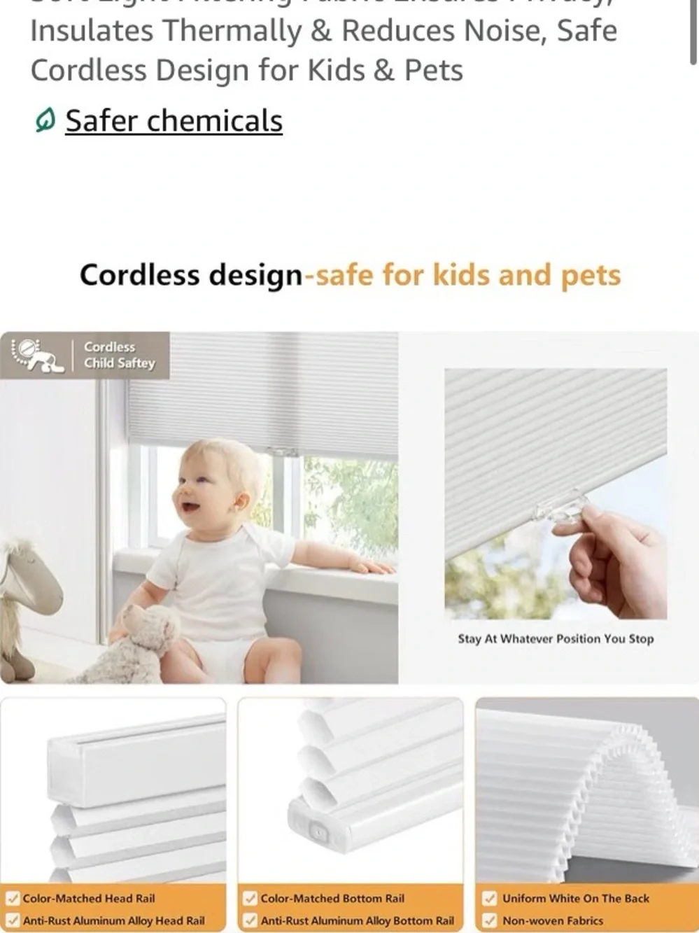 LAZBlinds Cordless No Drill Blackout Cellular Shade in Cream 34” x 48”